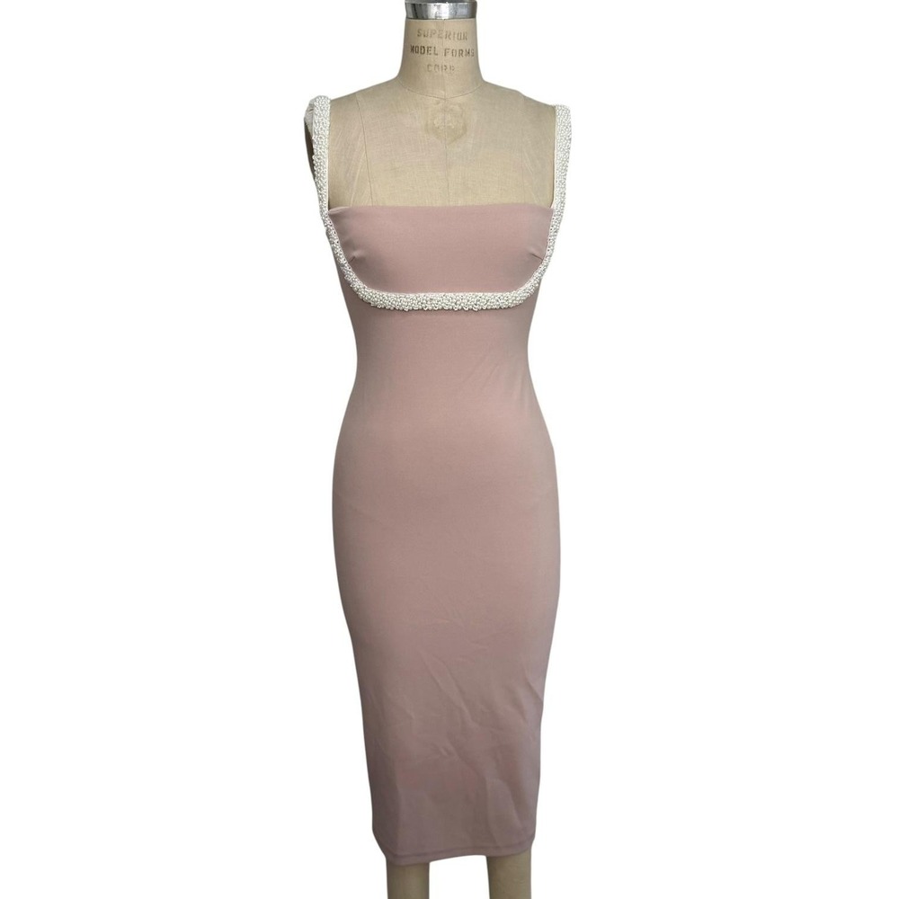 NEW Nookie Nouveau Midi Dress Womens M Pink Beaded Strap Bodycon Square Neck